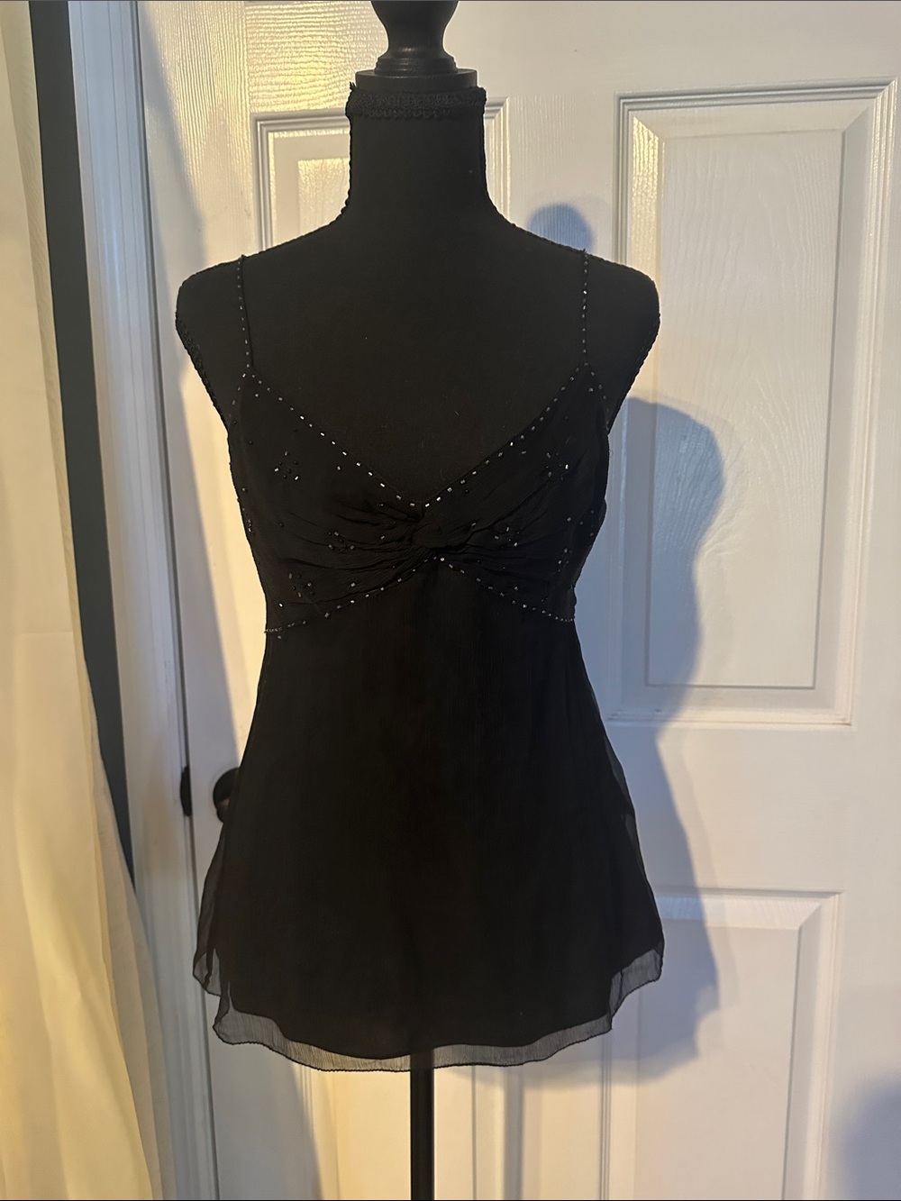 White House Black Market Black Beaded Twist-Front Camisole Top